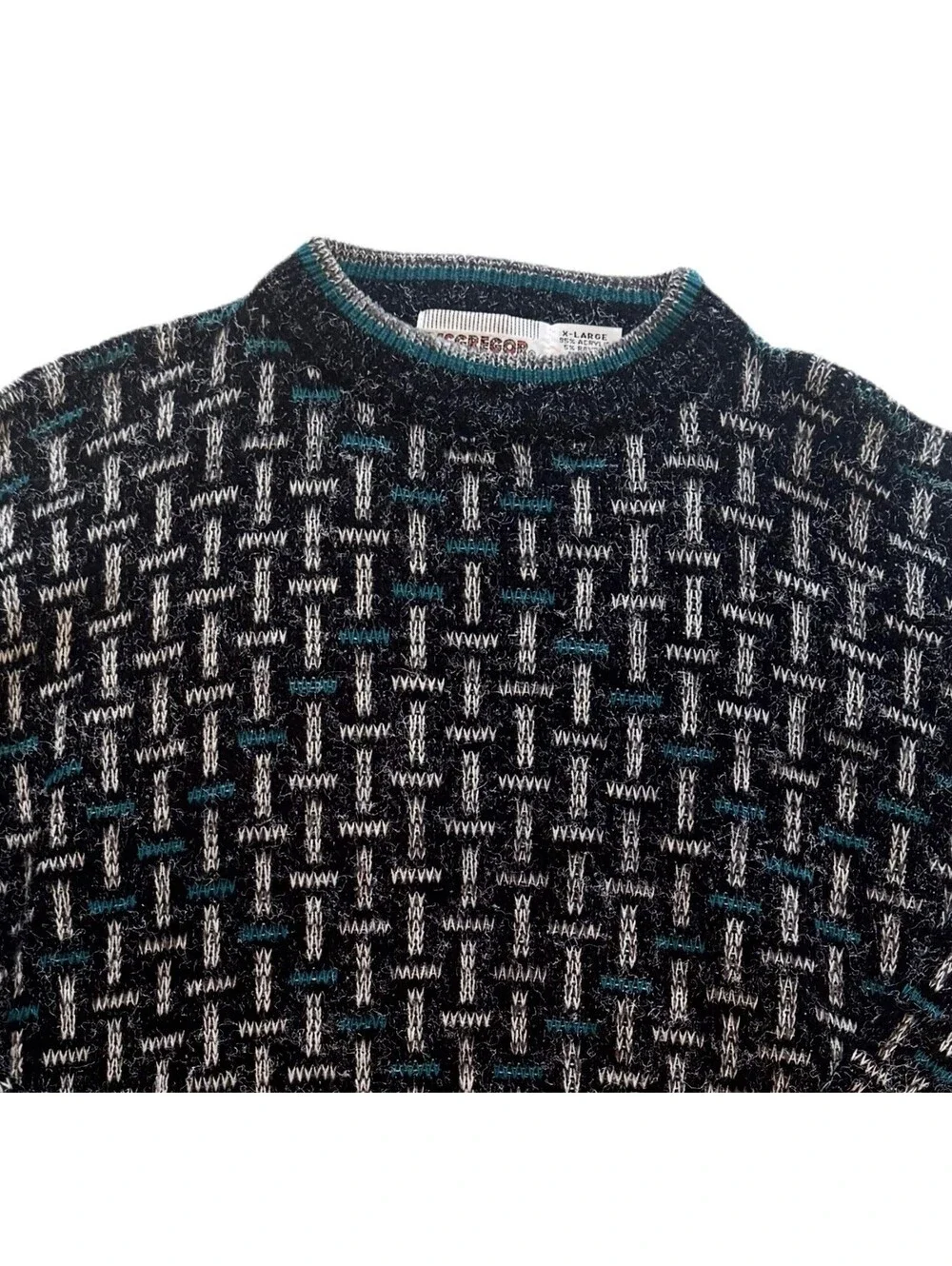 Vintage McGregor Geometric Knit Sweater XL Black Teal Gray 90s Crewneck Retro